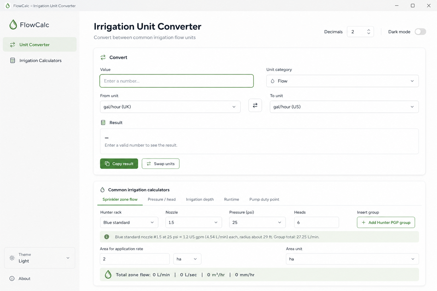 FlowCalc irrigation unit converter screenshot