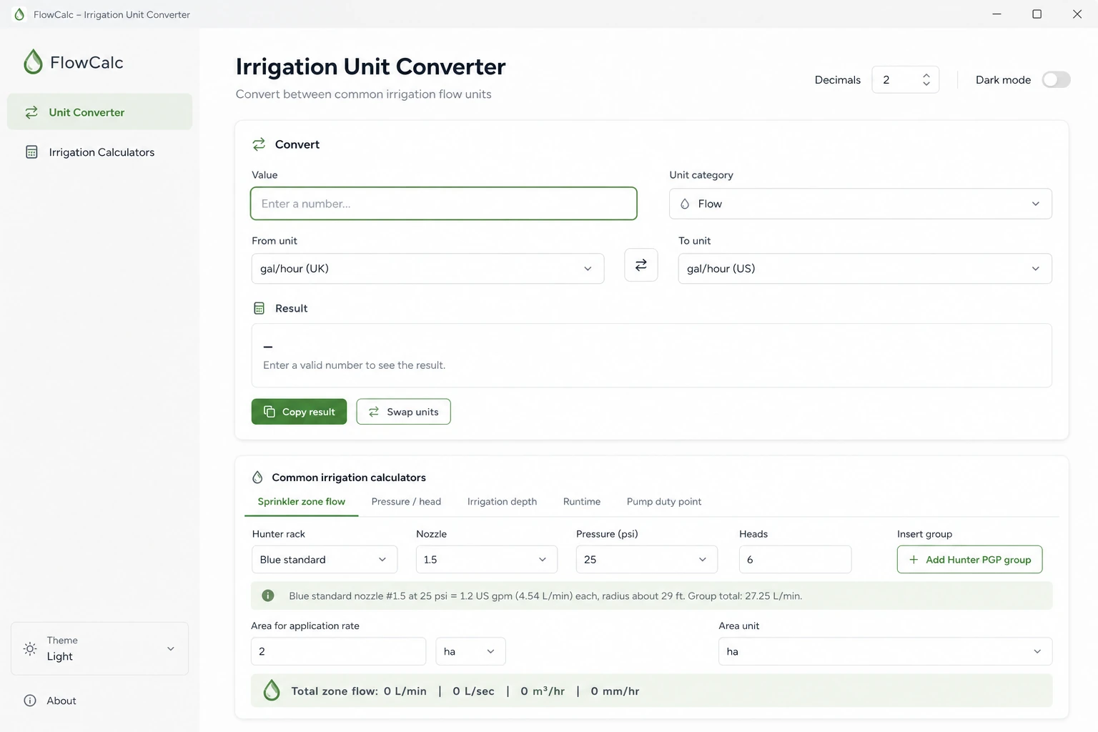 FlowCalc irrigation unit converter