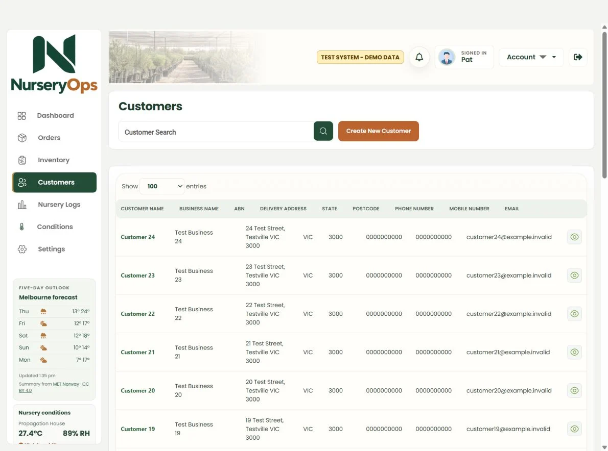 NurseryOps customer record with contact details and order history