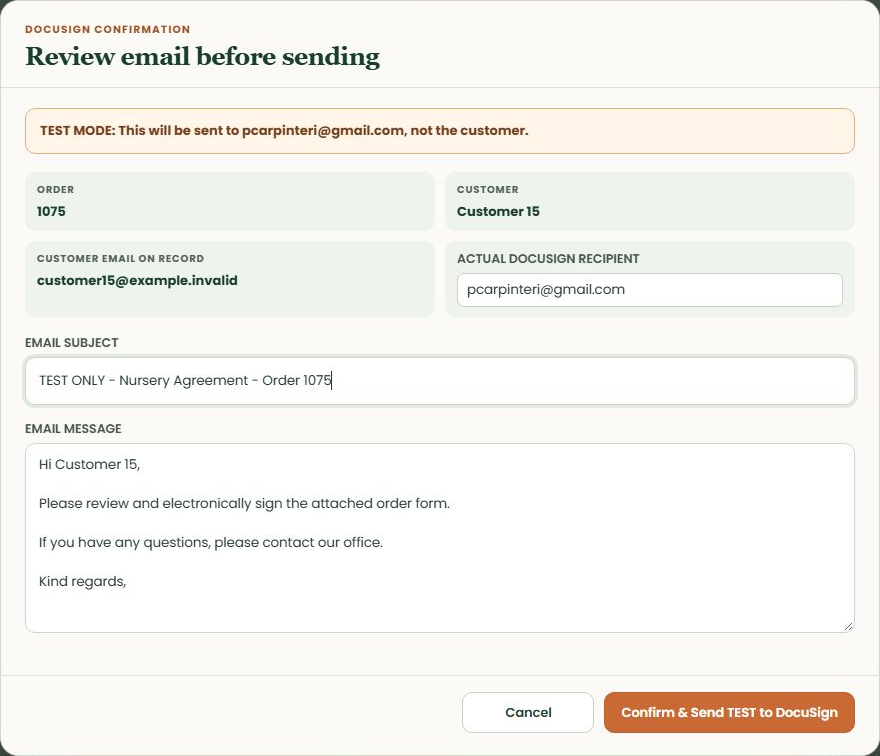 NurseryOps DocuSign confirmation screen for reviewing recipient, subject and signing message before sending