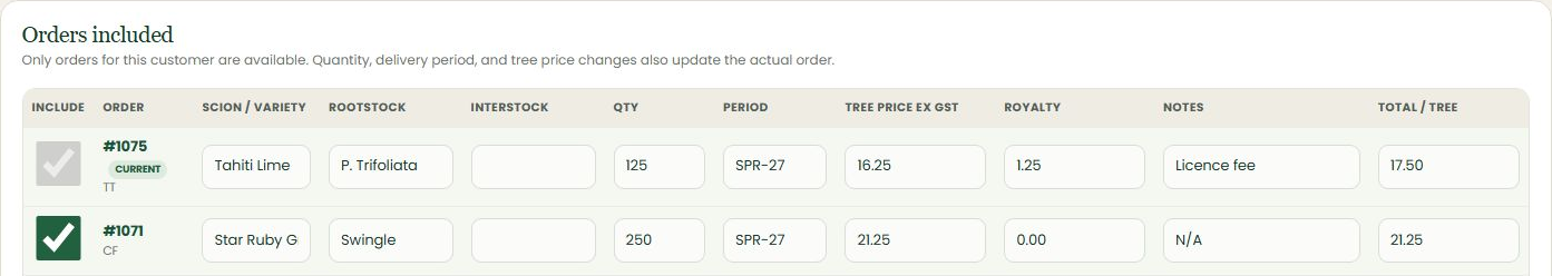 NurseryOps multi-order agreement editor showing linked customer orders, quantities, prices and royalties
