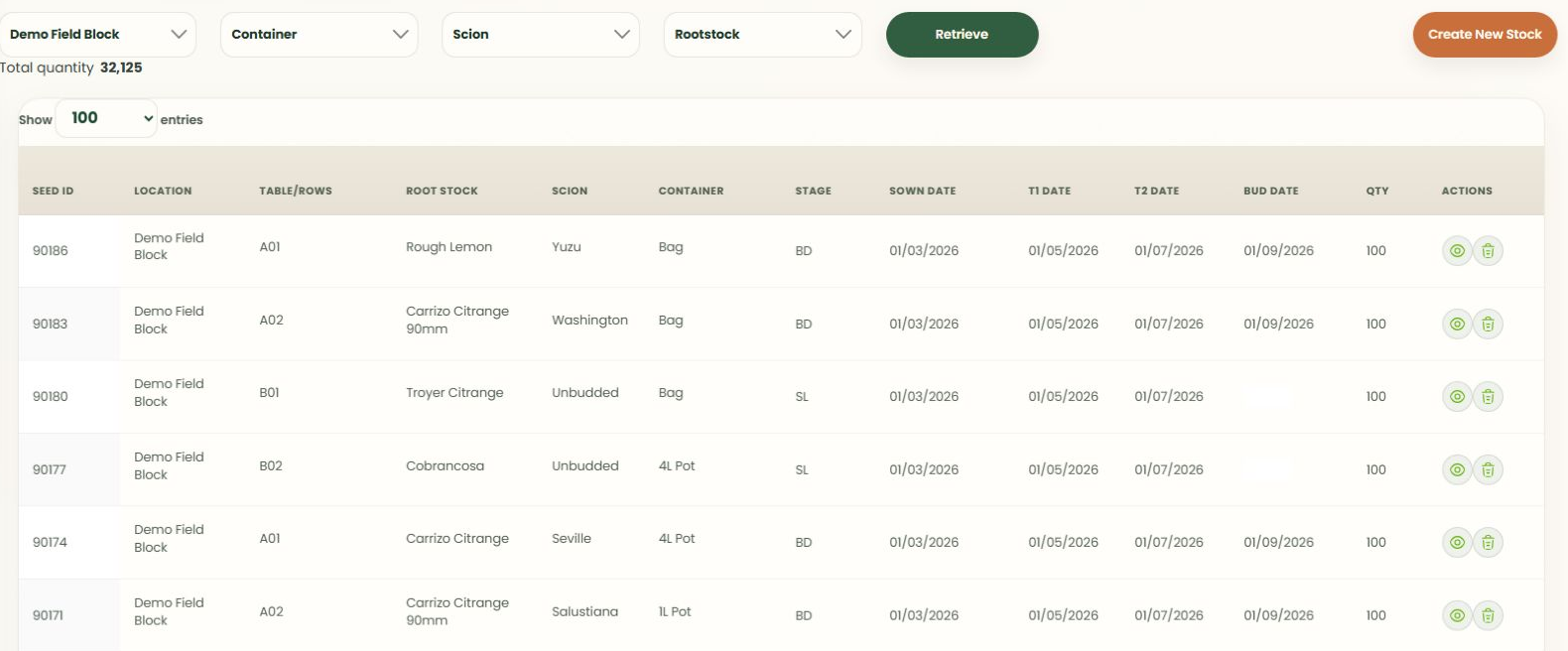 NurseryOps inventory showing nursery location, rows, rootstock, scion, container, stage, growing dates and quantity