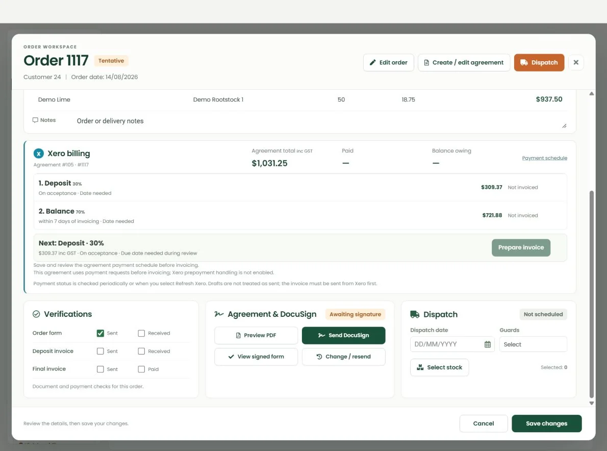 NurseryOps order workspace with Xero payment stages, invoice preparation, DocuSign and dispatch