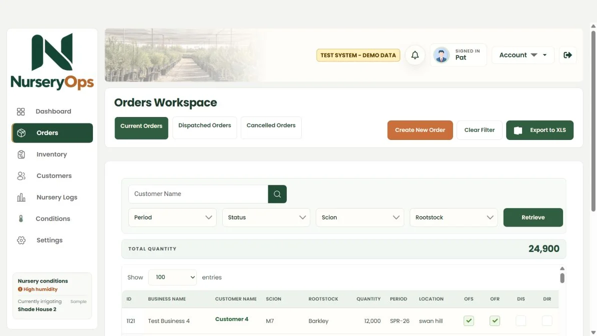 NurseryOps orders workspace showing customer, scion, rootstock, quantity, delivery period and order status