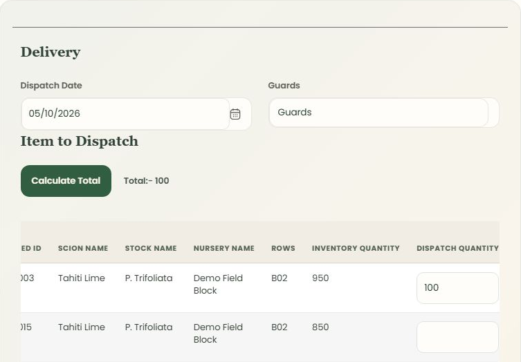 NurseryOps partial dispatch form with dispatch date, quantity and stock selection